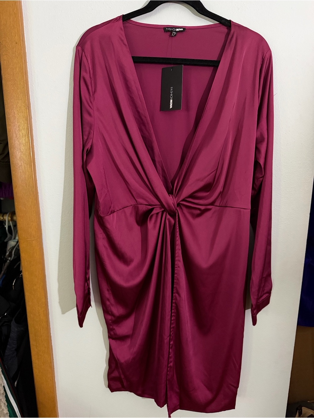 Fashion Nova Satin Twist-Front Midi Dress in Berry